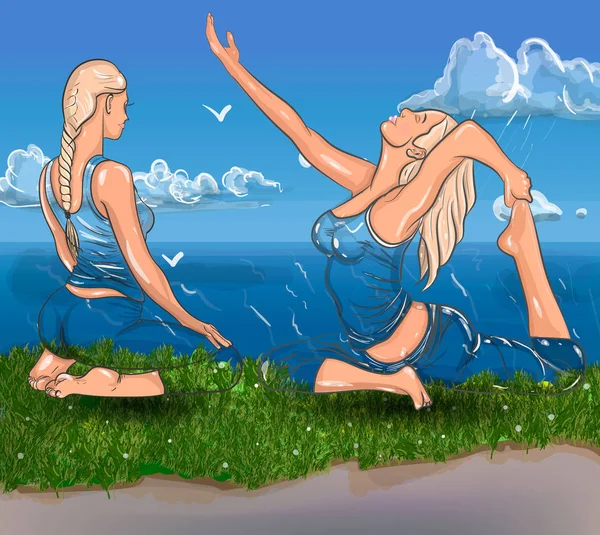 Fata Desenată Mână Poziţie Yoga Ilustrație Vectorială Unei Femei Frumoase — Vector de stoc