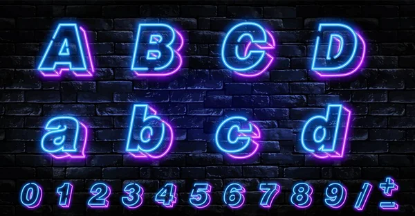 3d Neon letters A-D 纽蓝字体英语。 城市蓝色字体。 霓虹市的蓝色字体. 英文字母和数字符号。 矢量说明 — 图库矢量图片