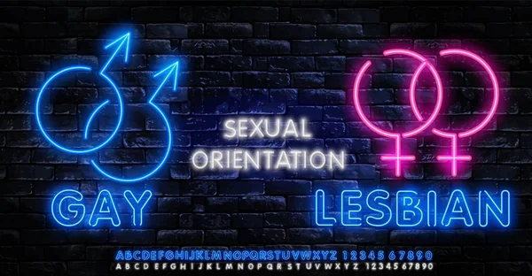 Gay, lesbická neonová smska. Pohlavní orientace koncept, sbírka světelných znaků. — Stockový vektor