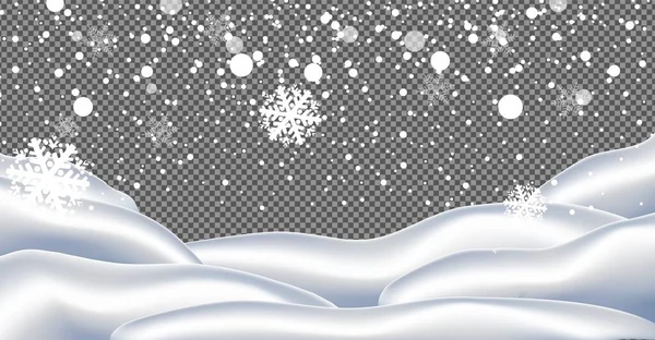 Caída de Navidad Brillante transparente hermosa, poca nieve aislada sobre fondo transparente. Copos de nieve, fondo de nieve. Vector nevadas pesadas, copos de nieve en diferentes formas y formas . — Archivo Imágenes Vectoriales