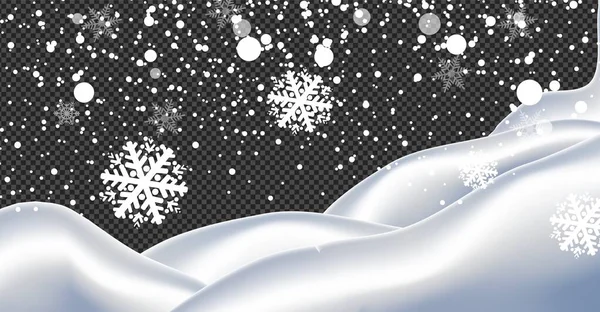 Caída de Navidad Brillante transparente hermosa, poca nieve aislada sobre fondo transparente. Copos de nieve, fondo de nieve. Vector nevadas pesadas, copos de nieve en diferentes formas y formas . — Archivo Imágenes Vectoriales