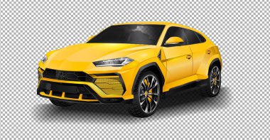 Cenevre, İsviçre - Mart 2018: Lamborghini Urus super SUv Cenevre banliyösünde sürüyor. Şeffaf arkaplan üzerinde vektör çizimi, gerçekçi gölgeli özel araba yarışı