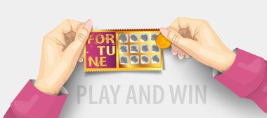 Scratch piyango bileti şablonu. Elleriyle scratch piyango izole. Jackpot şablonu reklam. Piyango paralarını kaşıyan bir el. Gerçekçi vektör illüstrasyon