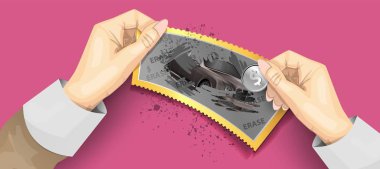 Scratch piyango bileti şablonu. Elleriyle scratch piyango izole. Jackpot şablonu reklam. Piyango paralarını kaşıyan bir el. Gerçekçi vektör illüstrasyon
