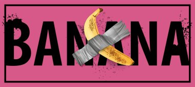 Pembe arka planda muz bandı. Sanat galerisi duvarında. Duvara bantlanmış muz. Yazılı muz. Tişört izi için vektör illüstrasyonu