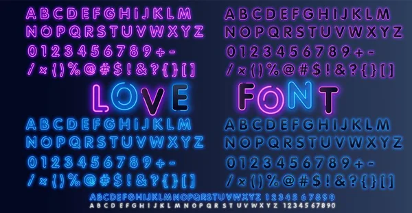 Rosa und blaue Neon-Licht-Vektorschrift. Buchstaben, Zahlen und Satzzeichen eingeben. Leuchtstoffröhrenbuchstaben auf dunklem Hintergrund — Stockvektor