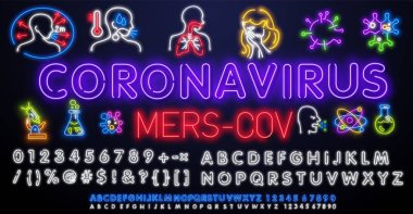 Neon Mers-Cov Orta Doğu Solunum Sendromu Koronavirüsü. Neon ışığı çizimi. Yeni Coronavirus 2019-nkov. Virüs salgınından korunmak için tasarım kavramı.