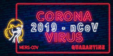 Neon Letting Karantina Eps 10. Neon Mers-Cov Orta Doğu Solunum Sendromu Koronavirüsü. Neon ışığı çizimi. Yeni Coronavirus 2019-ncov