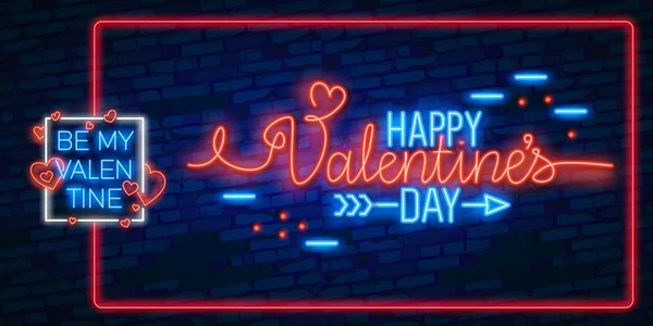 Valentines Day. Neon frame. Logo, emblem, label. Bright signboard, light banner. Celebration. Love. Neon Heart. Vector images — Stock Vector