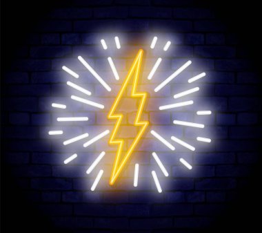 Şimşek ışınlı neon ışığı. Vektör tasarım şablonu. Yüksek voltajlı neon sembolü, hafif pankart tasarım elementi renkli modern tasarım trendi, gece lambası reklamcılığı, parlak tabela. Vektör illüstrasyonu