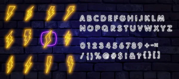 Big Neon set of lightning bolt. Glowing electric flash sign, thunderbolt electricity power icons. Vector lightning set on black background — Stock Vector