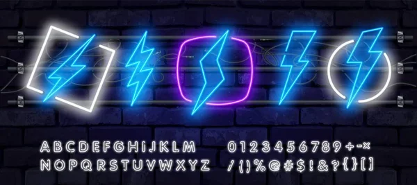 Neon sign of lightning signboard on the blue background. Vector illustration. Vector realistic isolated neon sign of energy for decoration and covering on the wall background. Concept of lightning and — Stock Vector