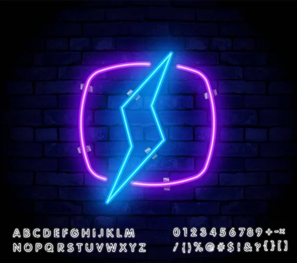 Neon teken van bliksembord op de blauwe achtergrond. Vector illustratie. Vector realistische geïsoleerde neon teken van energie voor decoratie en bekleding op de achtergrond van de muur. Concept van bliksem en — Stockvector