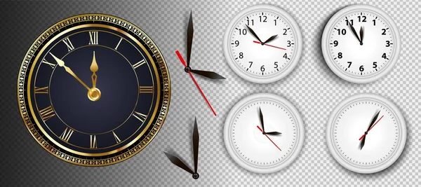 Realistic Wall Clocks Set Vector Illustration Transparent Face Black Hands — Stock Vector