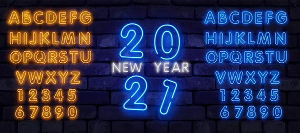 2021 Feliz Ano Novo Texto de néon. 2021 Modelo de design de ano novo para folhetos sazonais e cartão de saudações. Alfabeto de néon com 2021 números. Ilustração vetorial —  Vetores de Stock