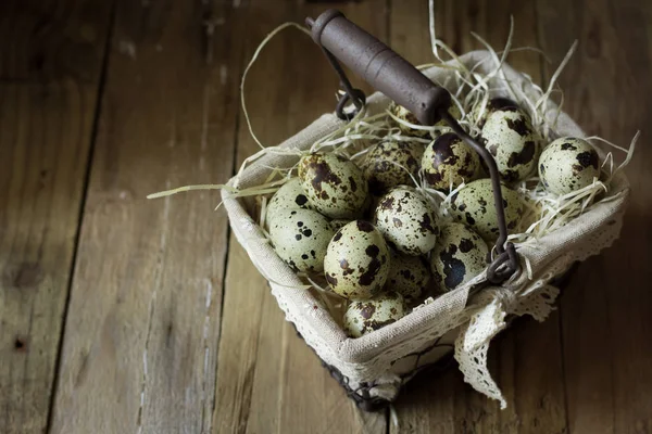 Huevos de codorniz en una canasta de alambre forrada, sobre paja, sobre fondo de madera de granero, Pascua, estilo vintage rústico, pariente — Foto de Stock