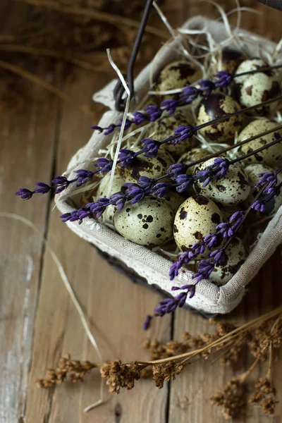 Quail eggs in wire basket, on straw, with lavender twigs on barn wood background, Easter, rustic vintage style