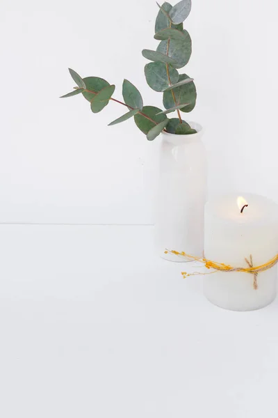 Eukalyptus větev v keramická váza hořící svíčka na bílém pozadí, stylizovaný obraz pro sociální média — Stock fotografie