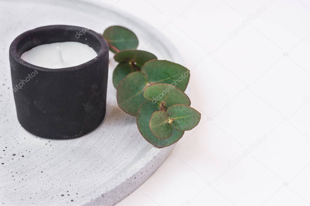 Candle in black stone holder on grey tray, eucalyptus branch, styled stock image for product and social media marketing