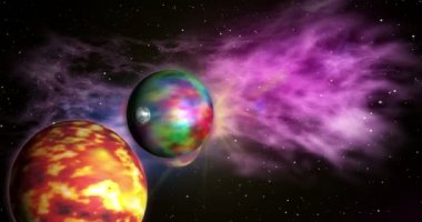 Bir uçuş Bulutsusu bulutlar içinde belgili tanımlık geçmiş ile uzak bir güneş sisteminde exoplanets arasında. Uzay kavramı sorunsuz animasyon.