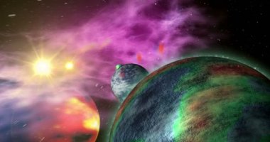 Exoplanet güneş sistemi keşif. Yıldızlar, gezegenler ve uzak bir galakside Bulutsusu gaz bulutları arasında bir uçuş. Arka plan kavramı sorunsuz animasyon seyahat.