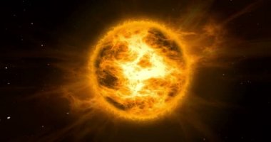 Uzayda güneş fırtınası. Sıcak turuncu ve sarı güneş enerji patlama bulutlu arka planda yıldızlarla kavramı animasyon.
