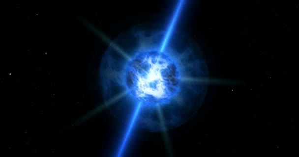blauer Quasarsturm im All. Konzeptanimation eines blauen Sonnensterns mit Energiestrahlen, Gaswolken und Düsen.