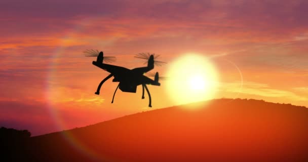 Drone Flies Setting Sun Rendered Animation Controlled Copter Fly Sunset — Stock Video