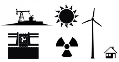 Beyaz arka plan üzerinde izole elektrik üretim ve enerji kaynağı simgeleri animasyon kavramı. Loopable sorunsuz görüntüleri sembollerde. Güneş, Rüzgar, hidroelektrik, nükleer ve fosil yakıtlar teknoloji.