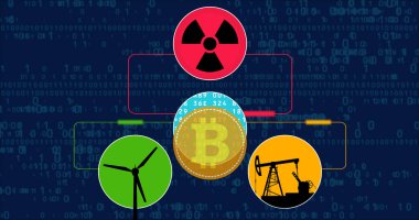 Bitcoin araştırma kavramı ile enerji nükleer Rüzgar Türbini ve petrol