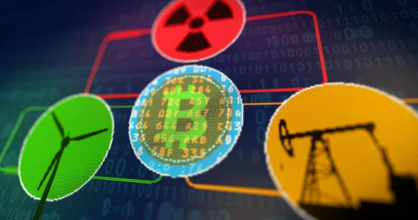 Bitcoin εξόρυξης έννοια με ενεργειακό πυρηνικά ανεμογεννήτρια και λάδι — Φωτογραφία Αρχείου