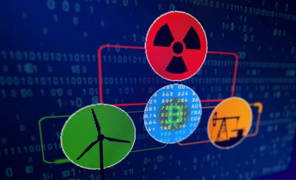 Bitcoin araştırma kavramı ile enerji nükleer Rüzgar Türbini ve petrol — Stok fotoğraf