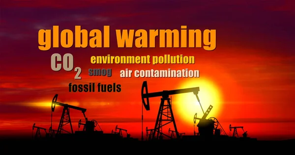 地球温暖化は流行語 - 夕日を背景に石油ポンプ — ストック写真