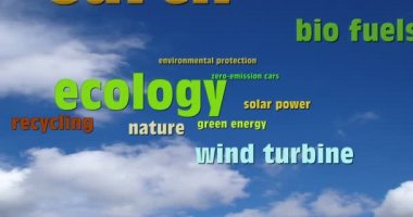 Ekoloji anahtar kelimeler konsept kesintisiz animasyon. Doğa, çevre koruma ve yeşil enerji mavi gökyüzü arka plan ile bulutlar üzerinde uçan buzzwords.