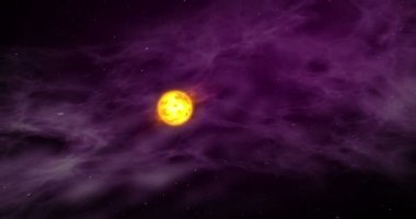 Tarafından uzak güneş sistemi gezegenler arasında seyahat. Güneş, Bulutsusu bulutlar, exoplanets, yörünge Ay'da ve arka planda yıldız. Kavram animasyon cosmos keşif, astronomi, uzay, bilim ve teknoloji.