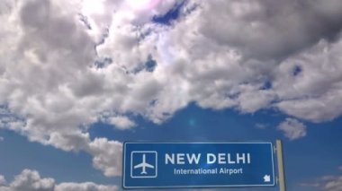 Jet uçağı Yeni Delhi, Hindistan 'a iniyor. Havaalanı istikameti işaretli şehir gelişi. Seyahat, iş, turizm ve ulaşım konsepti. 3d canlandırma canlandırması.