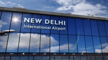 Yeni Delhi, Hindistan 'a jet uçağı iniyor. 3 boyutlu animasyon. Cam havaalanı terminali ve uçağın yansıması ile şehre varış. Seyahat, iş, turizm ve ulaşım kavramı.