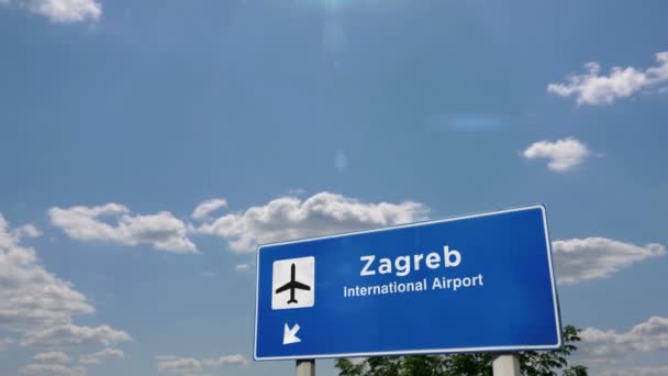 Jet Airplane Landing Zagreb Croatia City Arrival Airport Direction Sign — Stock Video