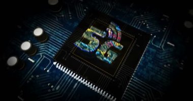 5G mobil ağ fütüristik hologram 3D canlandırma. IOT 'un dinamik konsepti, bağlantı ve iletişim teknolojisi dijital arka plan. Cpu üzerinde ve siber uzayın içinde uçan soyut.