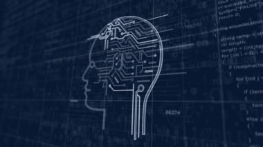 Yapay Zeka projesi oluşturuluyor. Siber teknoloji, makine eğitimi, robot ve sibernetik beyin animasyonu gibi soyut kavramlar. Fütürist fikrin dijital şema çizgisi çiziliyor.