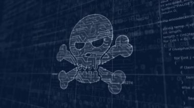 Kafatası sembolü projeli siber suç. Darknet, internet güvenliği, siber saldırı, hırsızlık, virüs ve korsanlık gibi soyut kavramlar. Fütürist fikrin dijital şema çizgisi çiziliyor.
