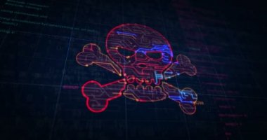 Kafatası sembolü projeli siber suç. Darknet, internet güvenliği, siber saldırı, hırsızlık, virüs ve korsanlık gibi soyut kavramlar. Fütürist fikrin dijital şema çizgisi çiziliyor.