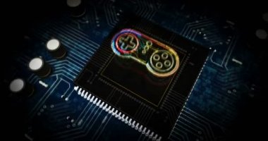 Sanal oyun sembolü fütüristik hologram 3 boyutlu canlandırma. Soyut esport, oyun, oyun, siber spor ve çevrimiçi video eğlence dijital arka planı kavramı. Siber uzayda Cpu üzerinden uçuş.