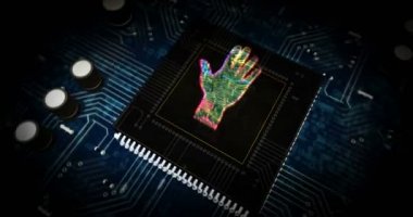 Siber el fütüristik hologram 3 boyutlu canlandırma. Gelişmiş sibernetik teknoloji, robot bilimi, biyometrik ve otomasyon dijital arkaplan kavramı. Siber uzayda Cpu üzerinden uçuş.