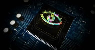 Sibernetik casus gözü fütüristik hologram 3D canlandırma. Soyut gözetleme, siber casusluk, hackleme ve mahremiyet dijital geçmişini ihlal etme kavramı. Siber uzayda Cpu üzerinden uçuş.