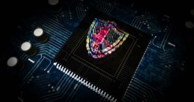 Kalkan sembollü siber güvenlik 3D fütüristik hologram canlandırması. Dinamik bilgisayar koruması kavramı ve internet güvenliği dijital arka planı. Siber uzayda soyut uçuşlar.