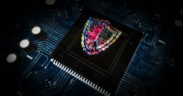 Cyber sécurité avec symbole de bouclier hologramme futuriste animation de rendu 3D. Concept dynamique de protection informatique et de sécurité Internet fond numérique. Vol abstrait dans le cyberespace .