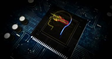 Baş hologramındaki siber mahremiyet fütüristik anahtar 3 boyutlu canlandırma. Siber uzayda soyut uçuş. Şifreleme, kodlama, yapay zeka, dijital zihin ve özel veri güvenliği kavramı.