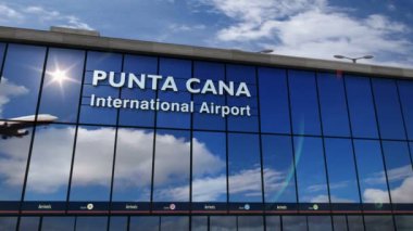 Punta Cana, Dominik Cumhuriyeti 'ne iniş yapan jet uçakları animasyonu canlandırıyor. Cam havaalanı terminali ve uçağın yansıması ile şehre varış. Seyahat, iş, turizm ve ulaşım kavramı.