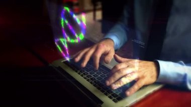 Klavye üzerinde biyoteknoloji ve Dna helis hologram ekran ile dizüstü bilgisayarda yazma Adam. Biyoinformatik, bilim, biyoloji, kimya ve araştırma kavramı. El kamera sallamak.